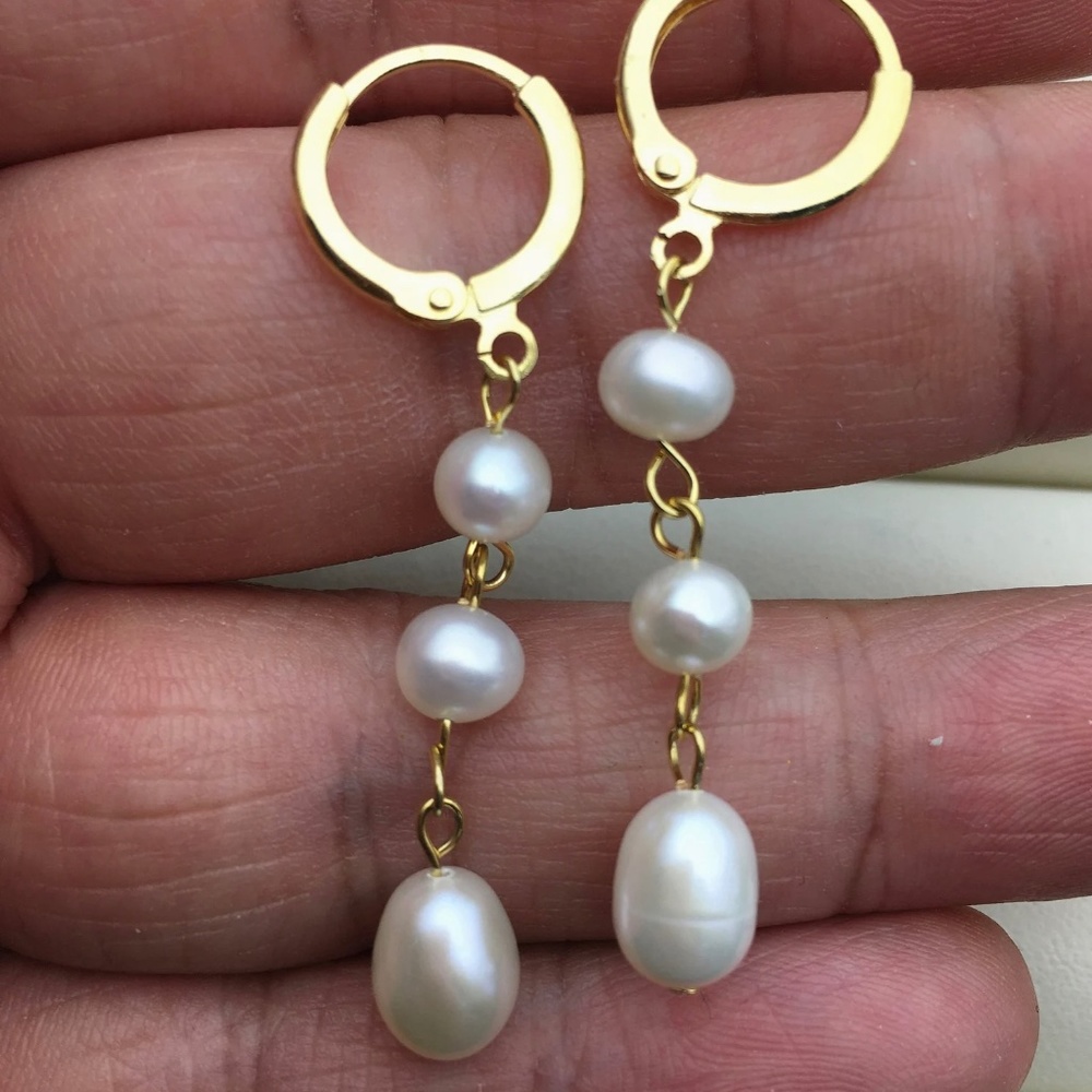 Handmade White Cultured Pearl Hoop Earrings - 14K Gold Plate
